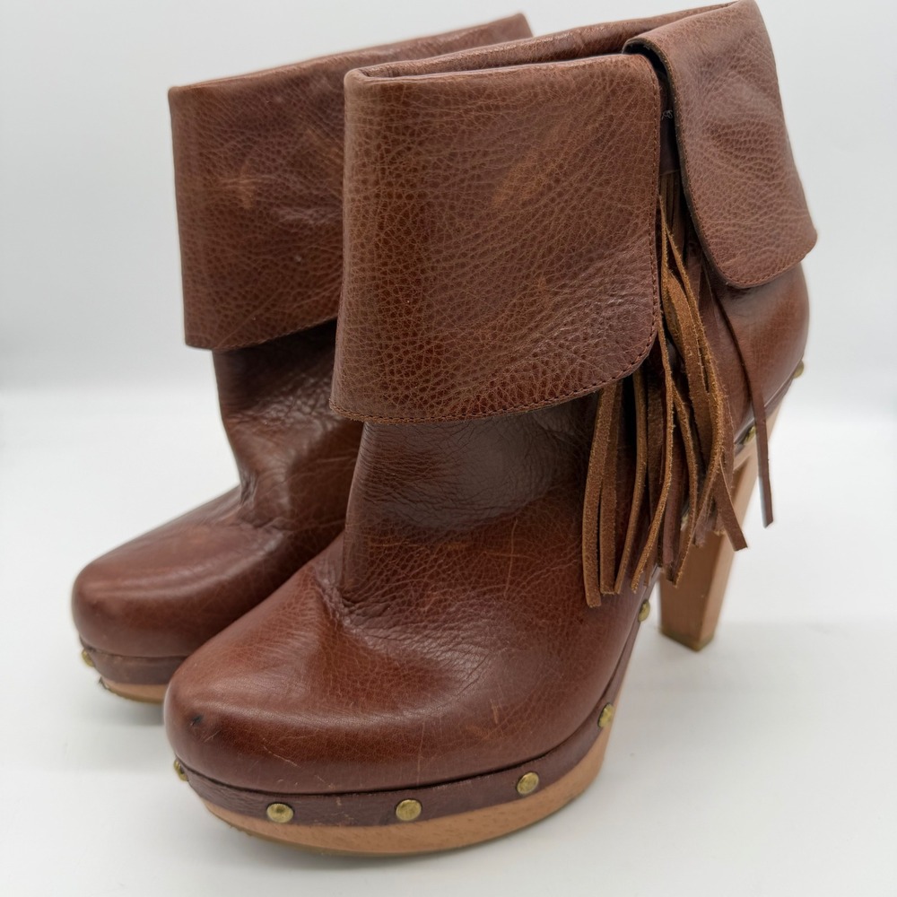 INC International Concepts Y2K Viola Brown Leather Fringe Clog Ankle Boots 8.5M